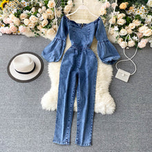 Load image into Gallery viewer, Denim Strapless Puffy Sleeved Jumpsuit
