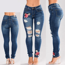 Load image into Gallery viewer, Flower Embroidered Stretchy Jeans