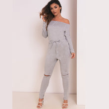 Load image into Gallery viewer, Off Shoulder Ripped Cotton Jumpsuit