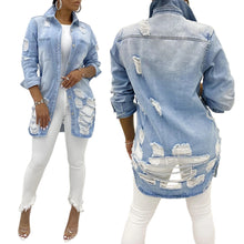 Load image into Gallery viewer, Long Hem Shredded Denim Shirt Jacket