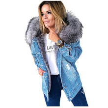 Load image into Gallery viewer, Large Fur Collared Denim Coat