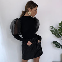 Load image into Gallery viewer, Mesh Spliced Rib Puff Sleeves Top