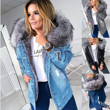 Load image into Gallery viewer, Large Fur Collared Denim Coat