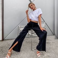 Load image into Gallery viewer, Velvet High Waist Loose Fit Black Pants with Shin Slits