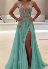 Load image into Gallery viewer, Sheer Hemmed Evening Dress with Sequined Bodice