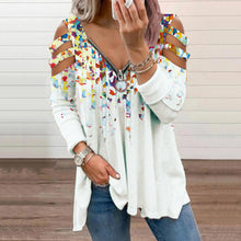 Load image into Gallery viewer, Floral V-Neck Zippered Long-Sleeved T-Shirt