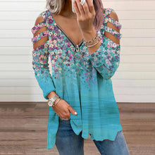 Load image into Gallery viewer, Floral V-Neck Zippered Long-Sleeved T-Shirt