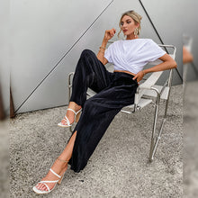 Load image into Gallery viewer, Velvet High Waist Loose Fit Black Pants with Shin Slits