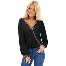 Load image into Gallery viewer, Leopard Print Accented Deep V-Neck Shirt
