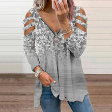 Load image into Gallery viewer, Floral V-Neck Zippered Long-Sleeved T-Shirt