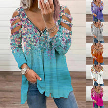 Load image into Gallery viewer, Floral V-Neck Zippered Long-Sleeved T-Shirt