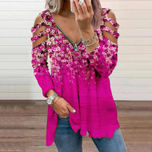 Load image into Gallery viewer, Floral V-Neck Zippered Long-Sleeved T-Shirt
