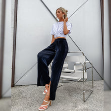 Load image into Gallery viewer, Velvet High Waist Loose Fit Black Pants with Shin Slits
