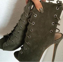 Load image into Gallery viewer, Gladiator Peep Toe Suede Laced Ankle Boots