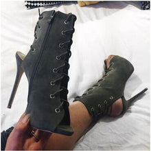 Load image into Gallery viewer, Gladiator Peep Toe Suede Laced Ankle Boots