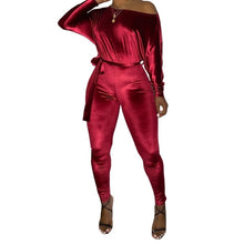 Load image into Gallery viewer, Stretchy Off The Shoulder Velour Jumpsuits