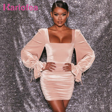 Load image into Gallery viewer, Pink Flared Sleeved Velour Rusched Dress