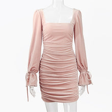 Load image into Gallery viewer, Pink Flared Sleeved Velour Rusched Dress