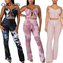 Load image into Gallery viewer, Tie Dye Backless Spaghetti Strap Ribbed Flare Pants Set