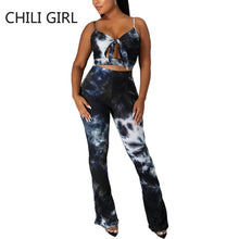Load image into Gallery viewer, Tie Dye Backless Spaghetti Strap Ribbed Flare Pants Set