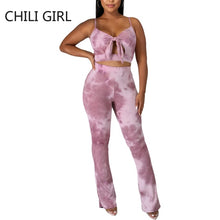 Load image into Gallery viewer, Tie Dye Backless Spaghetti Strap Ribbed Flare Pants Set