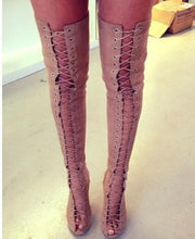 Load image into Gallery viewer, Suede Lace Up Thigh High Strappy Gladiator Boots