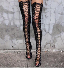 Load image into Gallery viewer, Suede Lace Up Thigh High Strappy Gladiator Boots