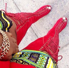 Load image into Gallery viewer, Suede Lace Up Thigh High Strappy Gladiator Boots