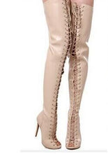 Load image into Gallery viewer, Suede Lace Up Thigh High Strappy Gladiator Boots