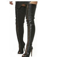 Load image into Gallery viewer, Suede Lace Up Thigh High Strappy Gladiator Boots