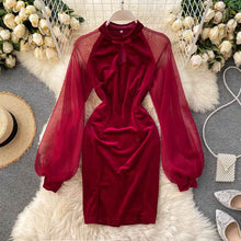 Load image into Gallery viewer, Sheer Lantern Sleeve Elegant Velour Dress