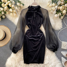Load image into Gallery viewer, Sheer Lantern Sleeve Elegant Velour Dress
