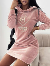 Load image into Gallery viewer, Velour Embroidered Long Sleeve Hooded Sweatshirt Dress