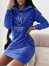 Load image into Gallery viewer, Velour Embroidered Long Sleeve Hooded Sweatshirt Dress