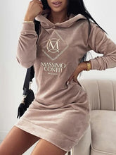 Load image into Gallery viewer, Velour Embroidered Long Sleeve Hooded Sweatshirt Dress