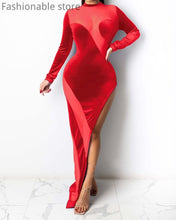 Load image into Gallery viewer, Mesh Velour Asymmetric Maxi Dress