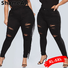 Load image into Gallery viewer, Fringed Ripped Black Stretchy Jeans