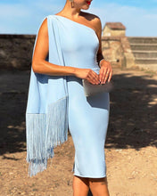 Load image into Gallery viewer, Sky Blue One-shoulder Fringed Cloak Dress
